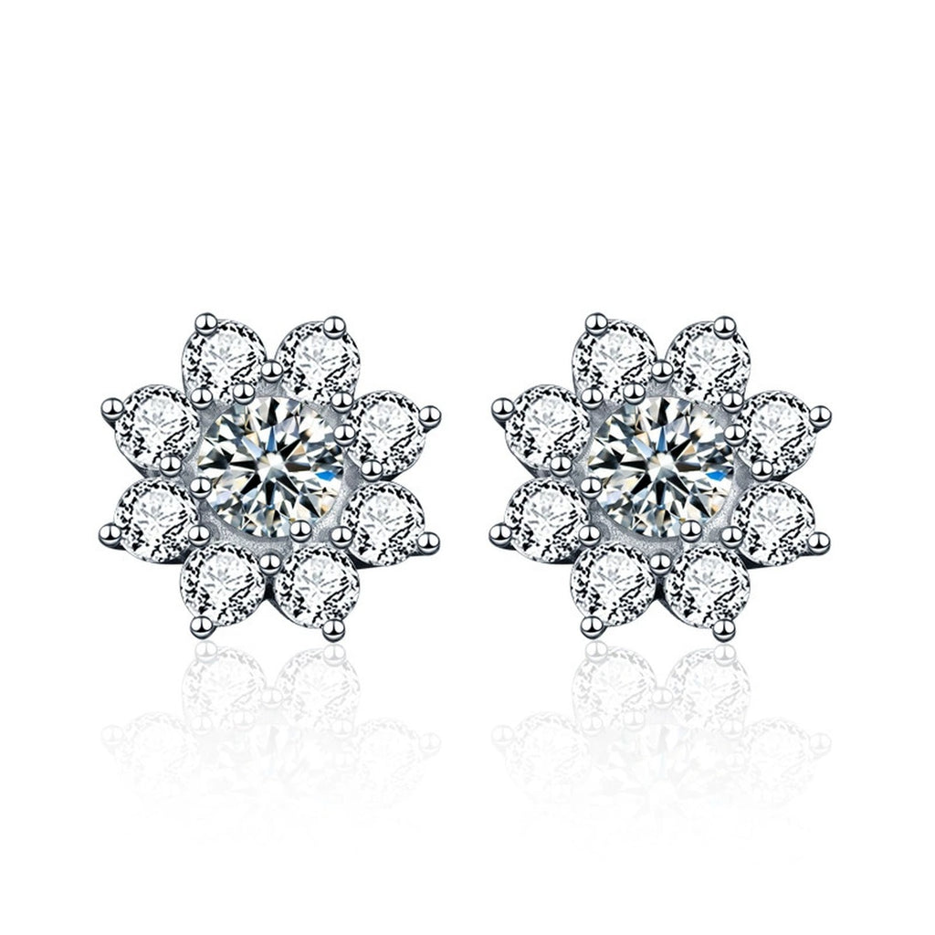 Sunflower Round Moissanite Stud Earrings with CZ in White Gold-Plated S925 sterling silver white background product photo showing the pair, stone shape, and stud earrings silhouette