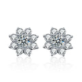 Sunflower Round Moissanite Stud Earrings with CZ in White Gold-Plated S925 sterling silver white background product photo showing the pair, stone shape, and stud earrings silhouette