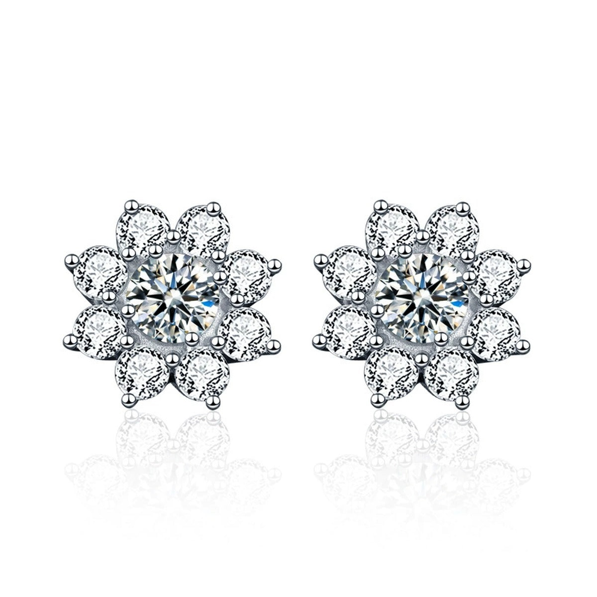 Sunflower Round Moissanite Stud Earrings with CZ in White Gold-Plated S925 sterling silver white background product photo showing the pair, stone shape, and stud earrings silhouette