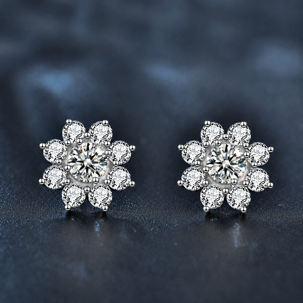 Sunflower Round Moissanite Stud Earrings with CZ in White Gold-Plated S925 sterling silver product scene view showing front sparkle