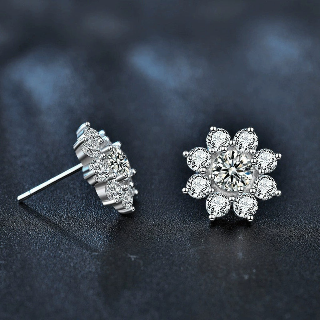 Sunflower Round Moissanite Stud Earrings with CZ in White Gold-Plated S925 sterling silver product scene view showing angled setting detail