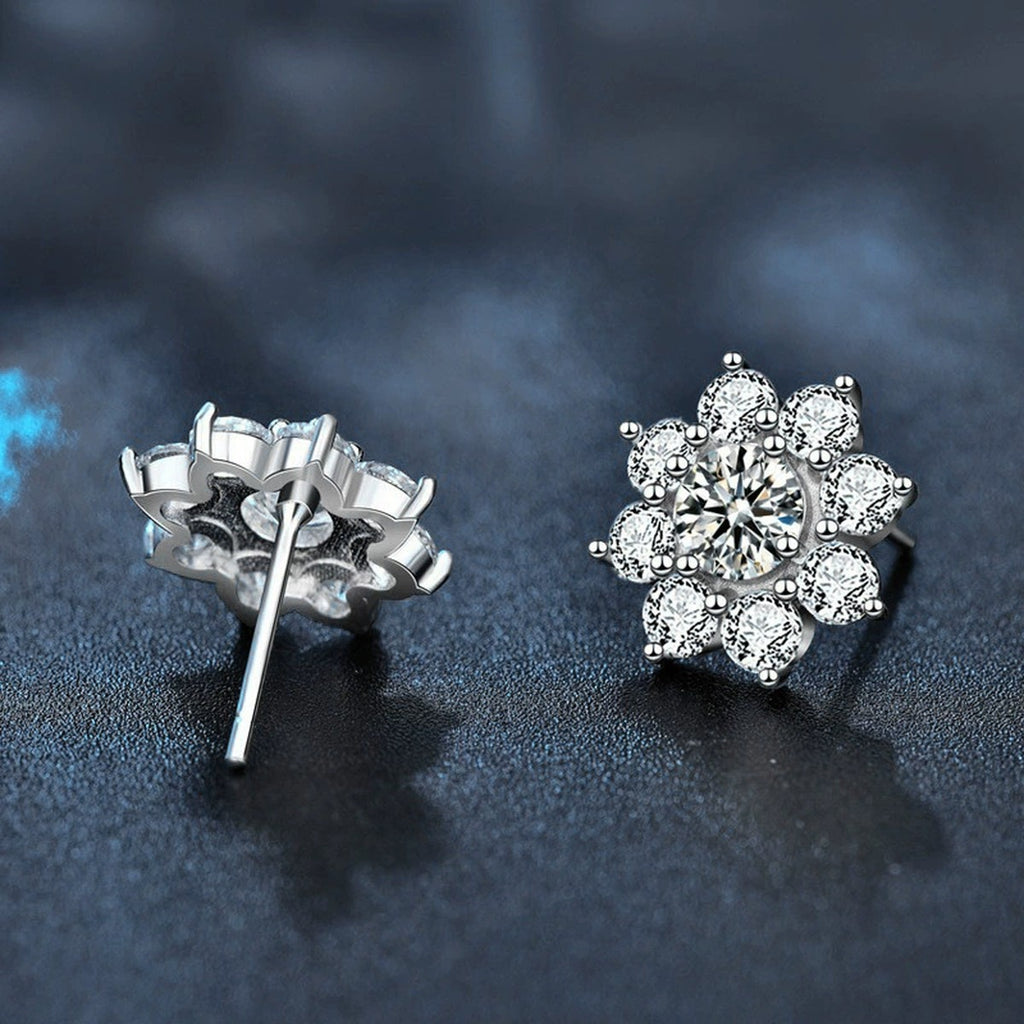 Sunflower Round Moissanite Stud Earrings with CZ in White Gold-Plated S925 sterling silver product scene view showing side profile