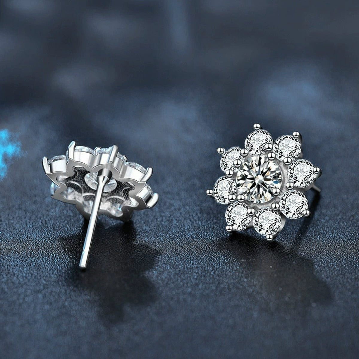 Sunflower Round Moissanite Stud Earrings with CZ in White Gold-Plated S925 sterling silver product scene view showing side profile