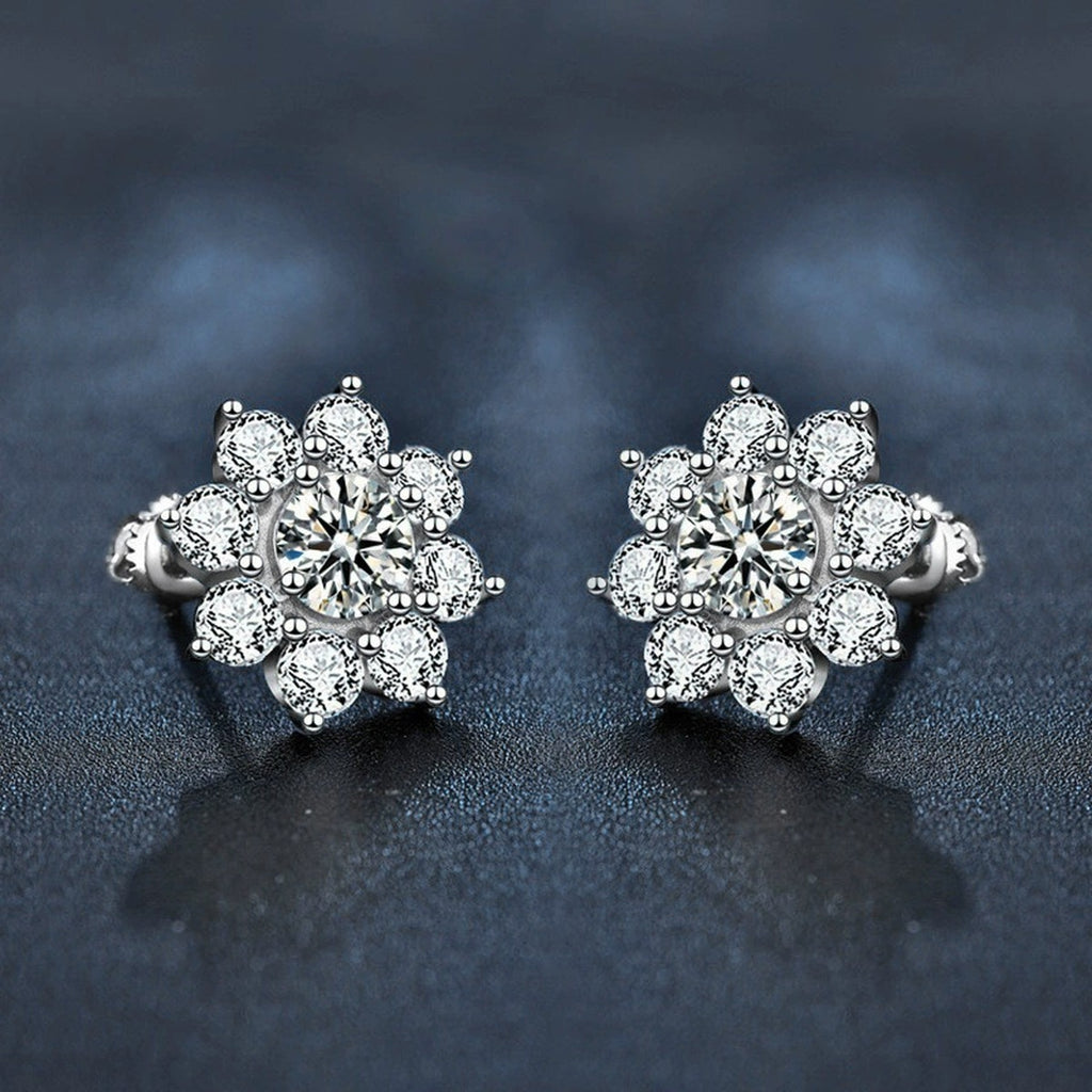 Sunflower Round Moissanite Stud Earrings with CZ in White Gold-Plated S925 sterling silver product scene view showing side profile