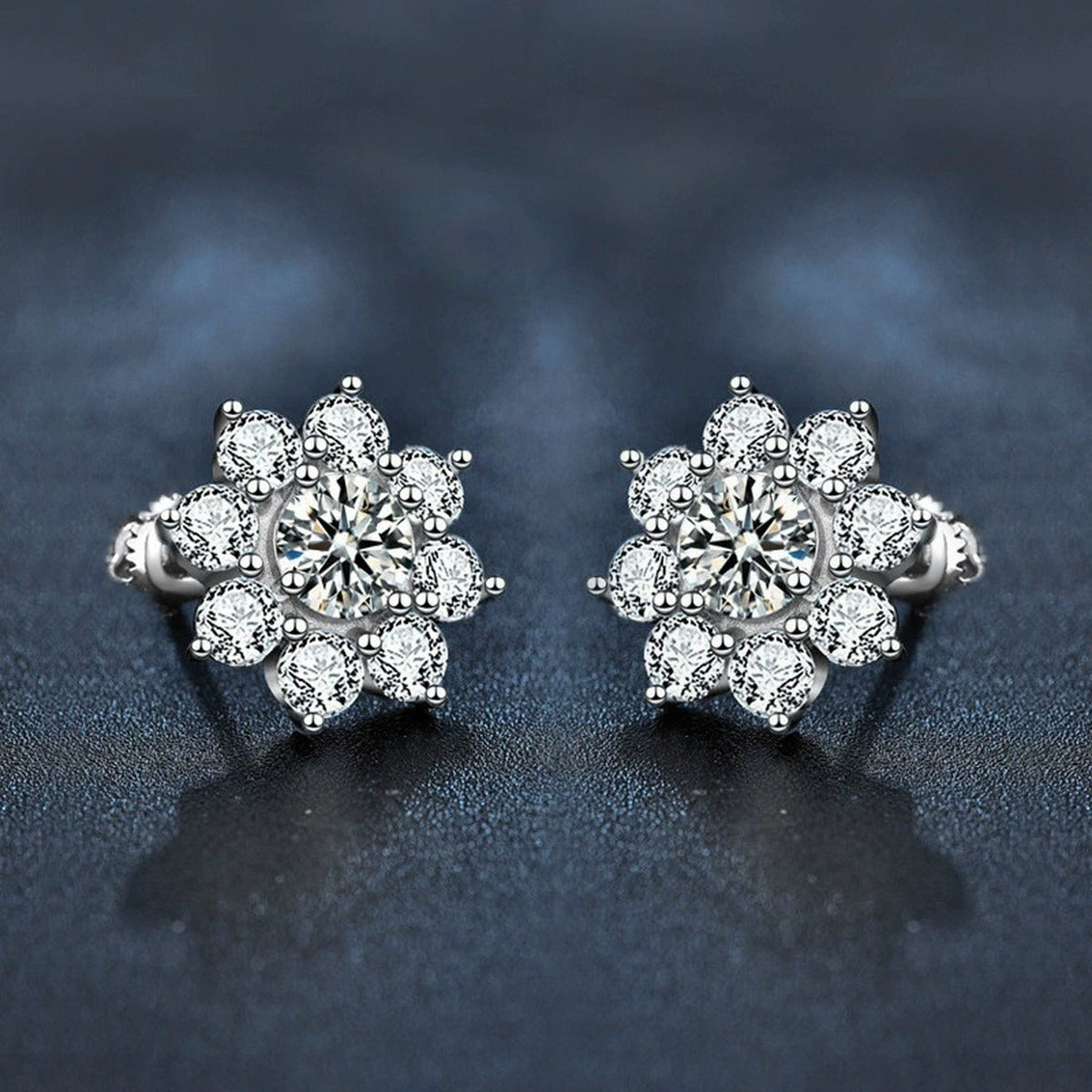 Sunflower Round Moissanite Stud Earrings with CZ in White Gold-Plated S925 sterling silver product scene view showing side profile