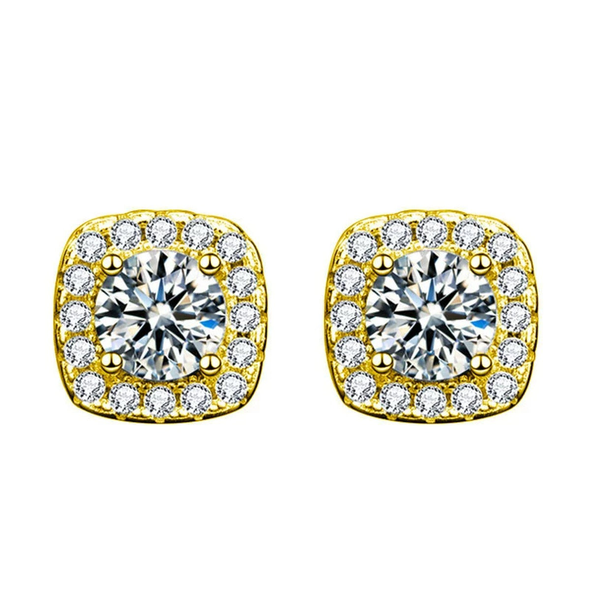 Cushion Halo Round Moissanite Stud Earrings with CZ in Gold-Plated S925 sterling silver white background product photo showing the pair, stone shape, and stud earrings silhouette