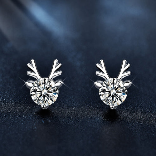 Antler Round Moissanite Stud Earrings in White Gold-Plated S925 sterling silver product scene view showing front sparkle