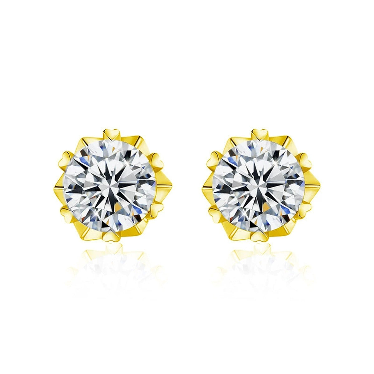 Snowflake Round Moissanite Stud Earrings in Gold-Plated S925 sterling silver white background product photo showing the pair, stone shape, and stud earrings silhouette