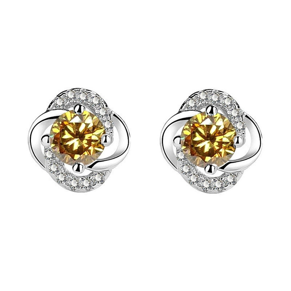Floral Colored Moissanite Stud Earrings with CZ in White Gold-Plated S925 sterling silver product scene view showing angled setting detail
