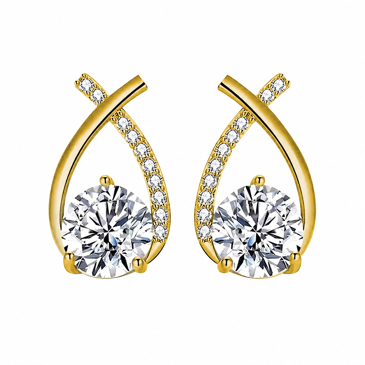 A pair of gold teardrop-shaped stud earrings with large round clear center stones and small clear stones along the curved upper sections, shown on a plain white background.