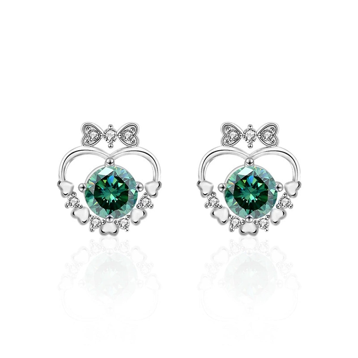 Bow Heart Green Moissanite Stud Earrings with CZ in White Gold-Plated S925 sterling silver white background product photo showing the pair, stone shape, and stud earrings silhouette