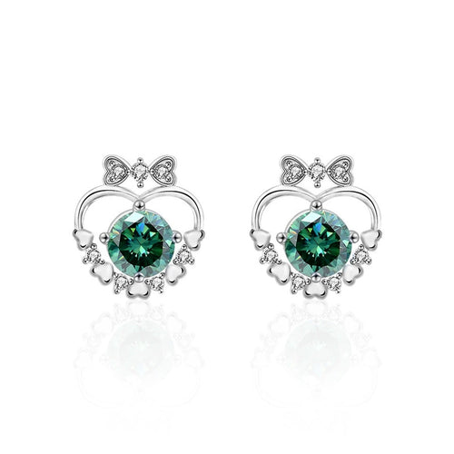 Bow Heart Green Moissanite Stud Earrings with CZ in White Gold-Plated S925 sterling silver white background product photo showing the pair, stone shape, and stud earrings silhouette