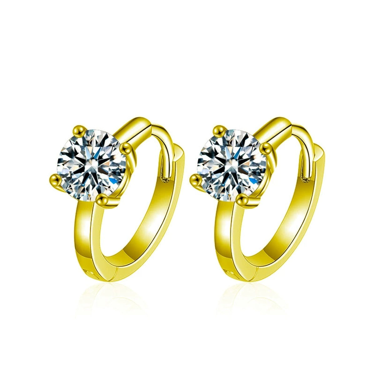 Four-Prong Round Moissanite Huggie Hoop Earrings in Gold-Plated S925 sterling silver white background product photo showing the pair, stone shape, and huggie hoop earrings silhouette