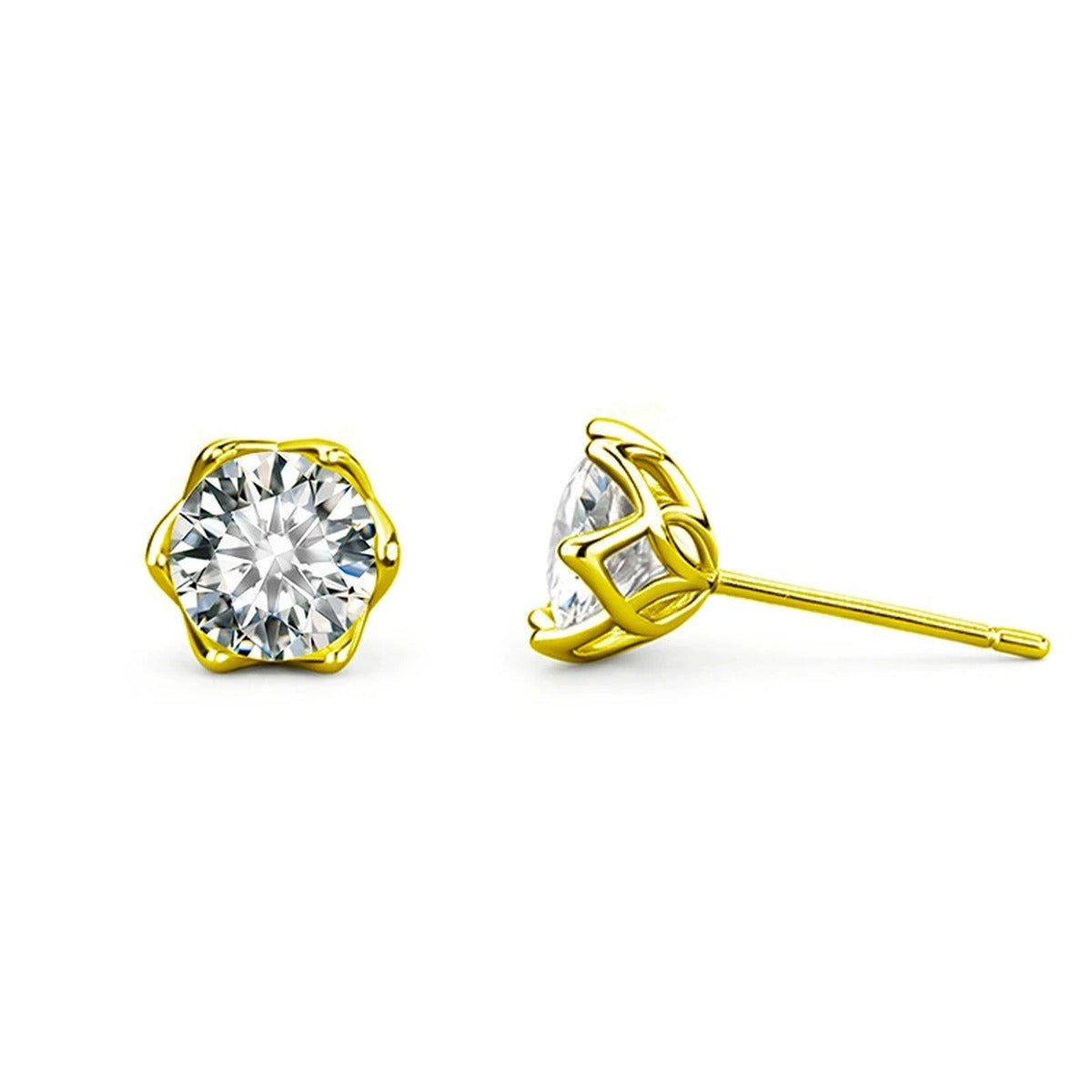 Six-Prong Round Moissanite Solitaire Stud Earrings in Gold-Plated S925 sterling silver white background product photo showing the pair, stone shape, and stud earrings silhouette