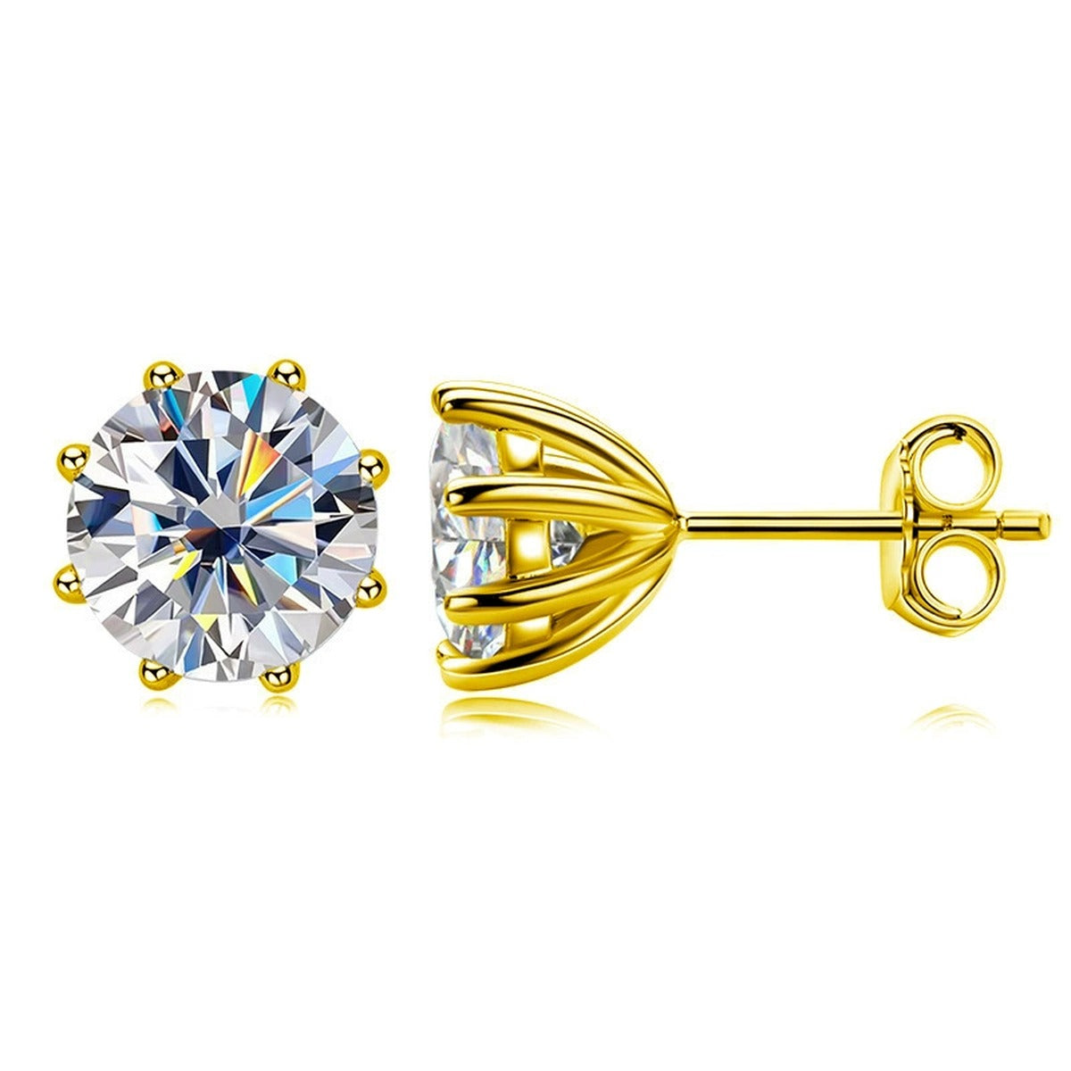 Eight-Prong Round Moissanite Solitaire Stud Earrings in Gold-Plated S925 sterling silver white background product photo showing the pair, stone shape, and stud earrings silhouette