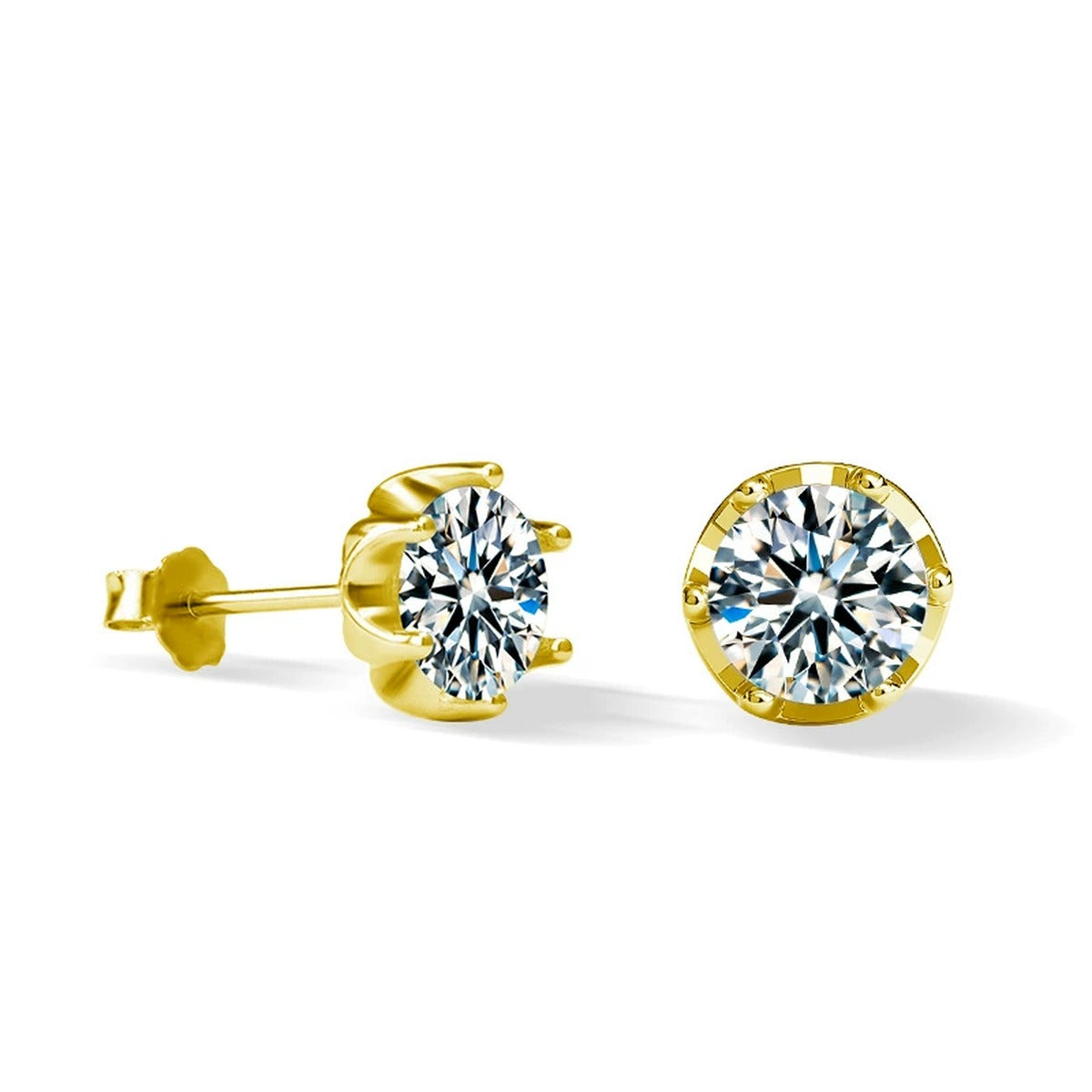 Crown Six-Prong Round Moissanite Stud Earrings in Gold-Plated S925 sterling silver white background product photo showing the pair, stone shape, and stud earrings silhouette