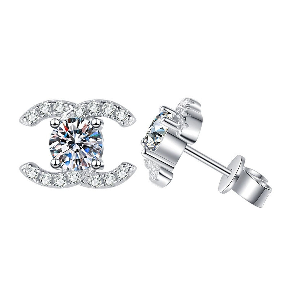 Geometric Round Moissanite Stud Earrings with CZ in Gold-Plated S925 sterling silver product scene view showing front sparkle