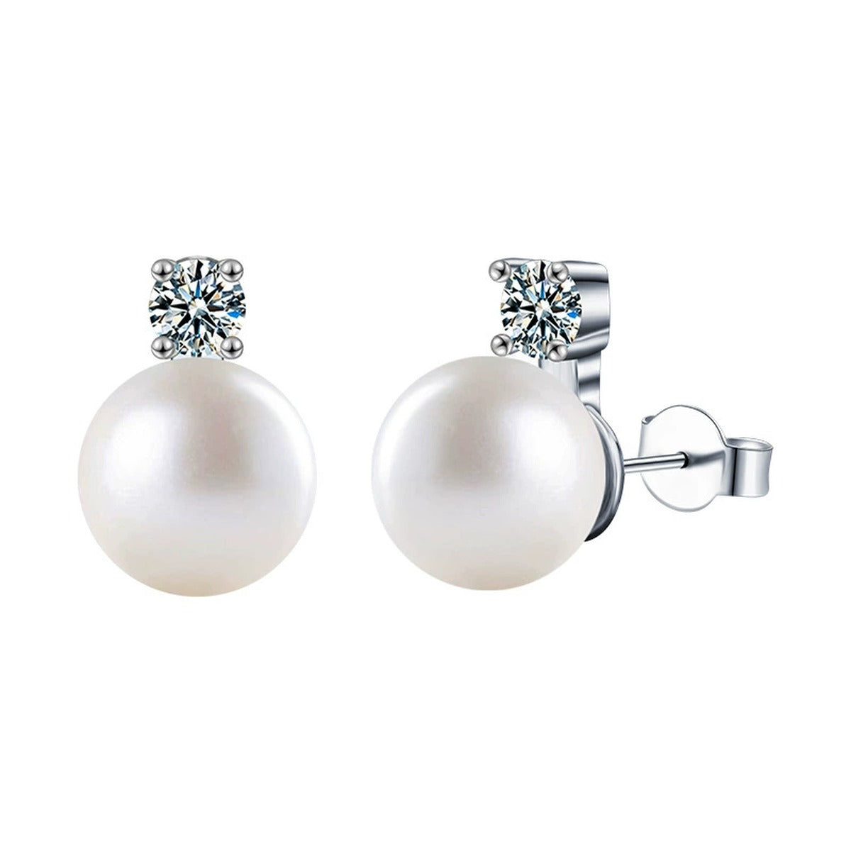 Round Moissanite and Pearl Stud Drop Earrings in White Gold-Plated S925 sterling silver white background product photo showing the pair, stone shape, and stud earrings silhouette