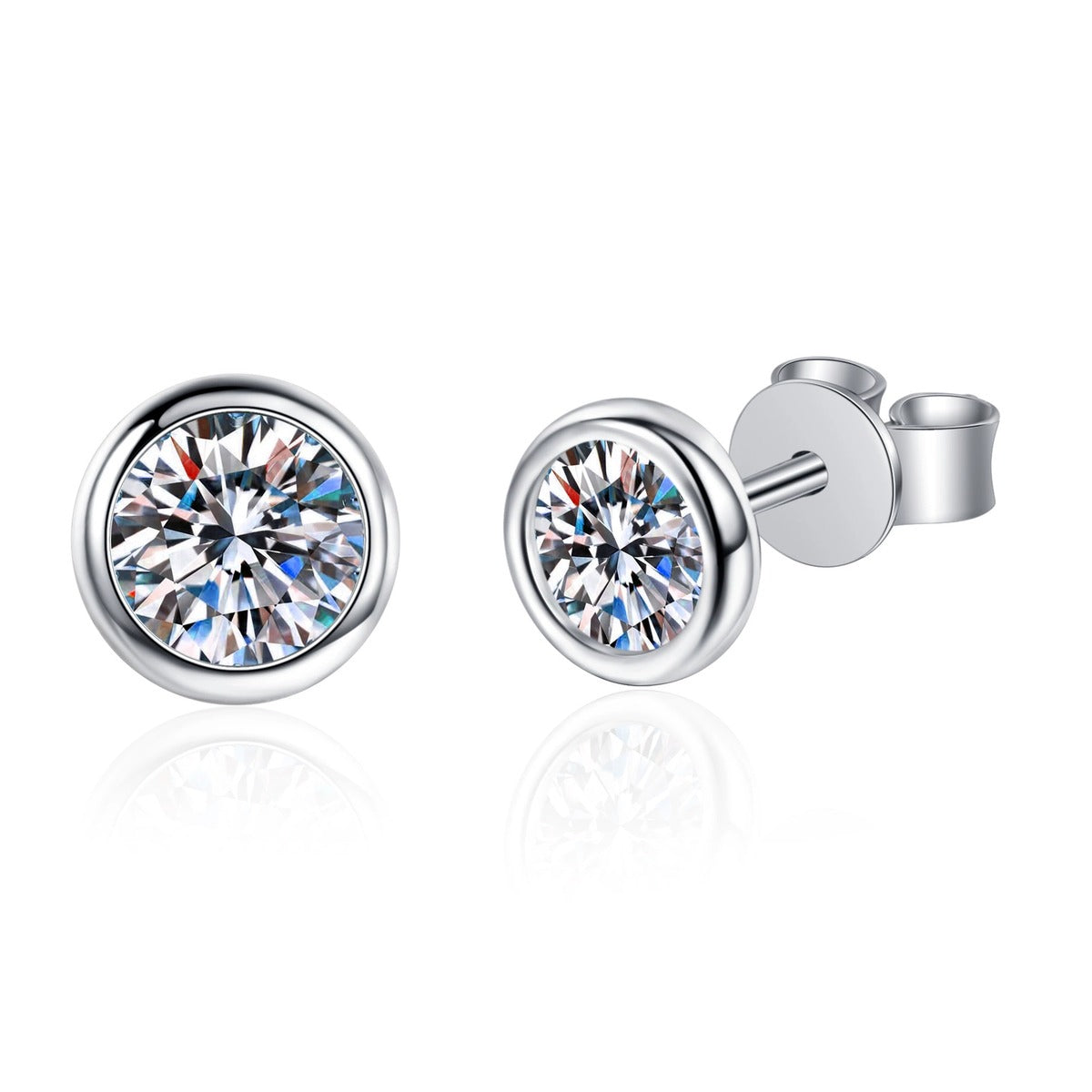 Bezel Round Moissanite Stud Earrings in White Gold-Plated S925 sterling silver product scene view showing front sparkle