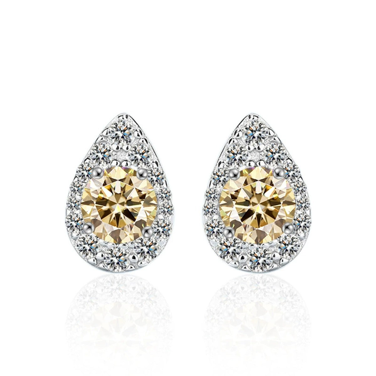 Teardrop Round Moissanite Stud Earrings with CZ in White Gold-Plated S925 sterling silver product scene view showing pair comparison