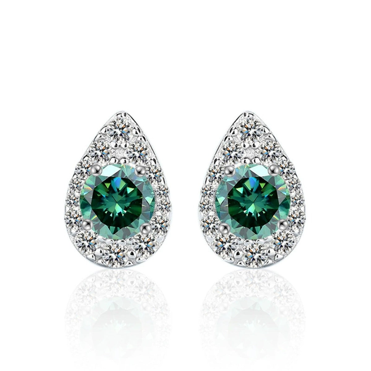 Teardrop Round Moissanite Stud Earrings with CZ in White Gold-Plated S925 sterling silver product scene view showing pair comparison