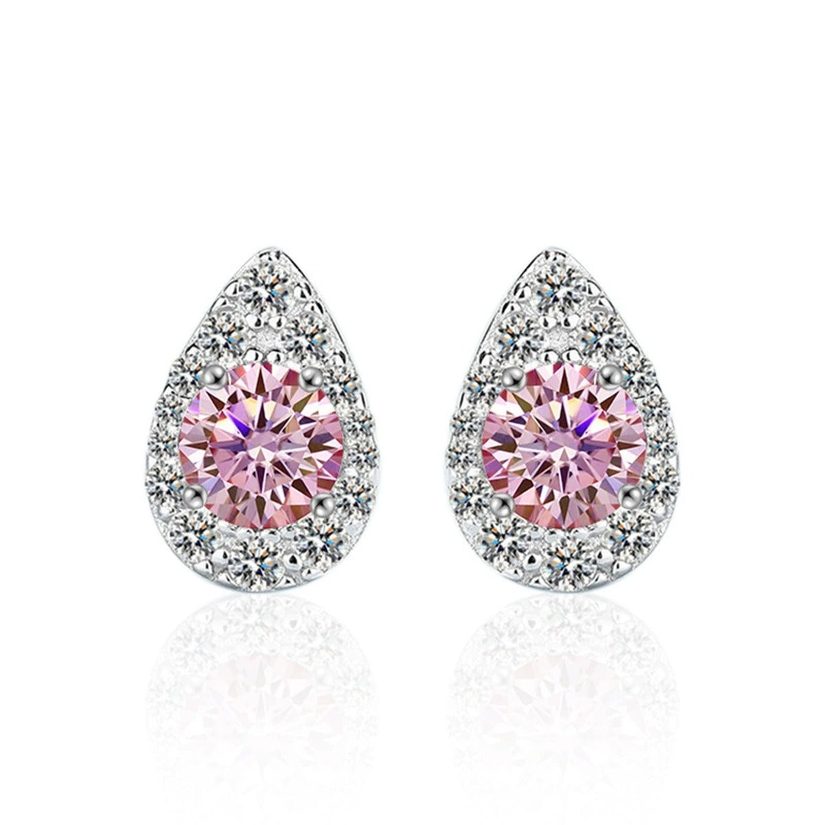 Teardrop Round Moissanite Stud Earrings with CZ in White Gold-Plated S925 sterling silver product scene view showing pair comparison