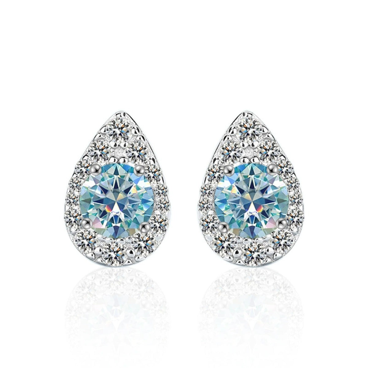 Teardrop Round Moissanite Stud Earrings with CZ in White Gold-Plated S925 sterling silver product scene view showing pair comparison