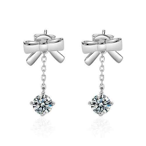Bowknot Round Moissanite Stud Dangle Earrings in White Gold-Plated S925 sterling silver white background product photo showing the pair, stone shape, and stud dangle earrings silhouette