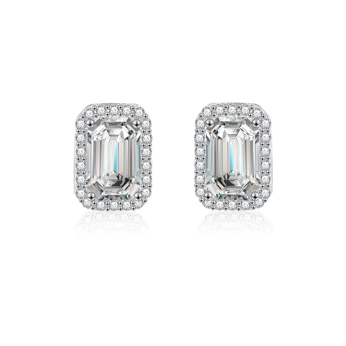 Emerald and Radiant Cut Moissanite Halo Stud Earrings with CZ in White Gold-Plated S925 sterling silver white background product photo showing the pair, stone shape, and stud earrings silhouette