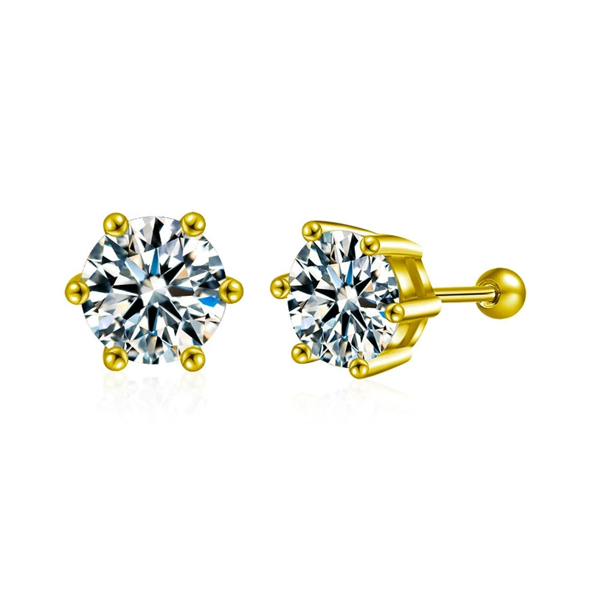 Six-Prong Round Moissanite Screw-Back Stud Earrings in Gold-Plated S925 sterling silver white background product photo showing the pair, stone shape, and stud earrings silhouette