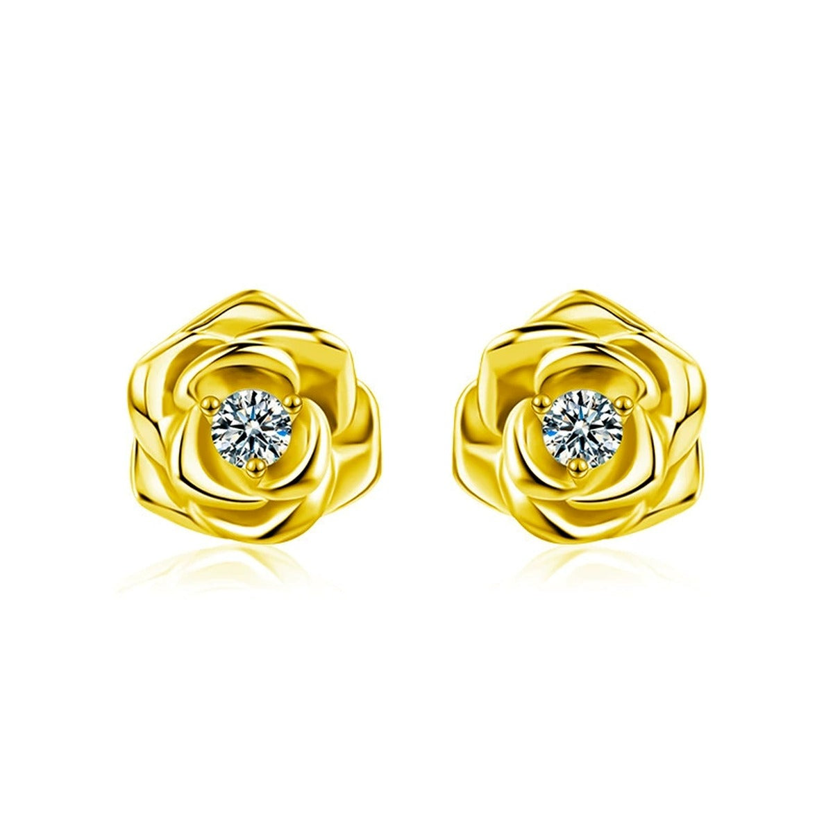 Rose Flower Round Moissanite Stud Earrings in Gold-Plated S925 sterling silver white background product photo showing the pair, stone shape, and stud earrings silhouette