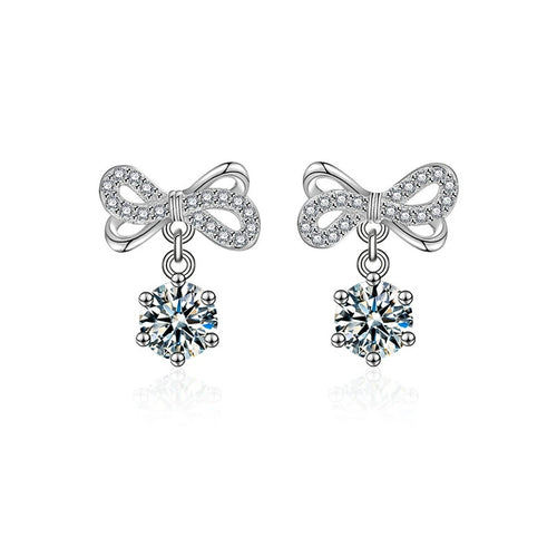 Bowknot Round Moissanite Stud Dangle Earrings with CZ in White Gold-Plated S925 sterling silver white background product photo showing the pair, stone shape, and stud dangle earrings silhouette