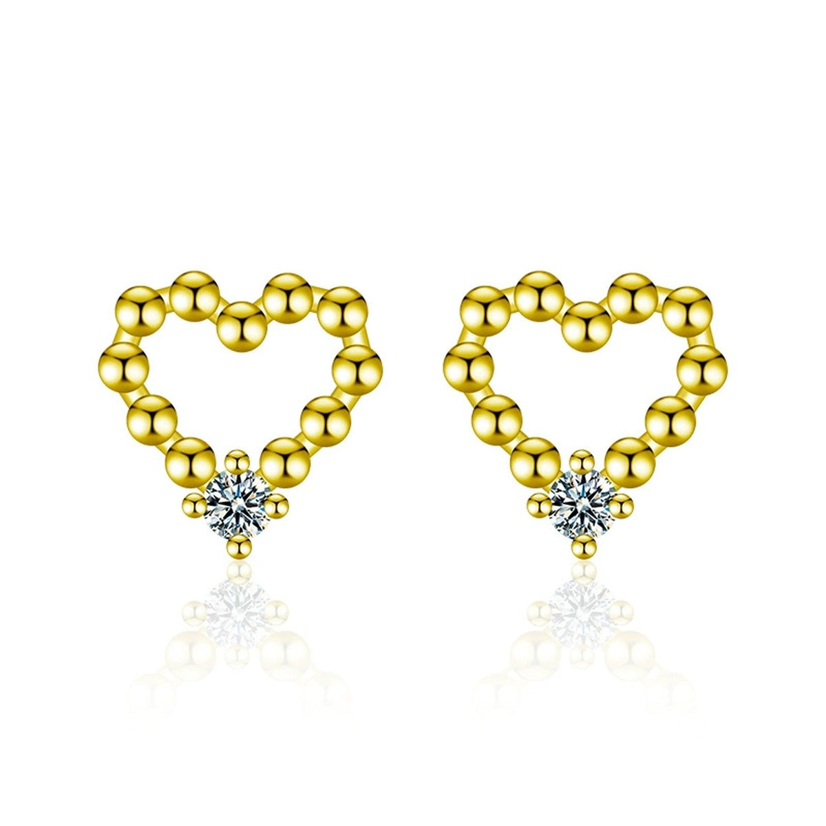 Beaded Heart Round Moissanite Stud Earrings in Gold-Plated S925 sterling silver white background product photo showing the pair, stone shape, and stud earrings silhouette