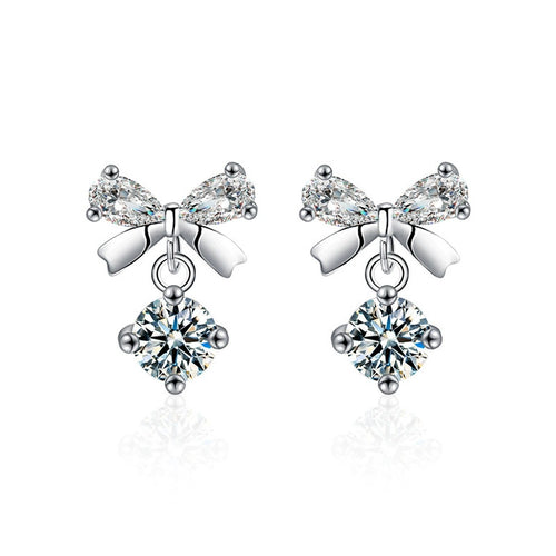Bowknot Round Moissanite Stud Dangle Earrings with CZ in White Gold-Plated S925 sterling silver white background product photo showing the pair, stone shape, and stud dangle earrings silhouette