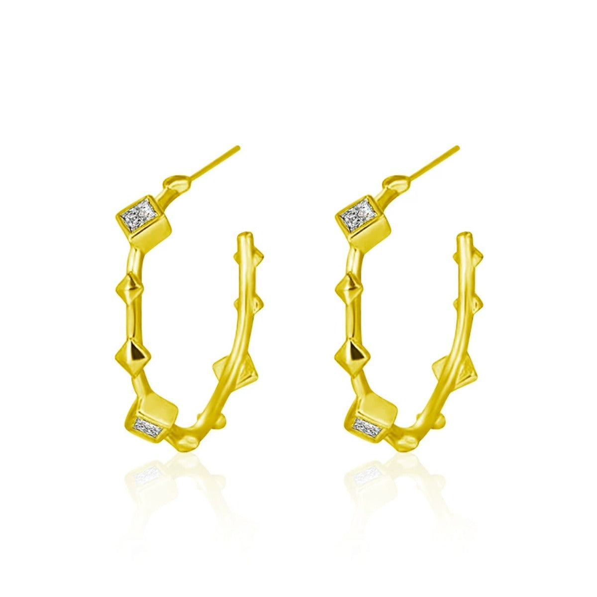 Princess-Cut Moissanite Geometric Stud Hoop Earrings in Gold-Plated S925 sterling silver white background product photo showing the pair, stone shape, and stud earrings silhouette