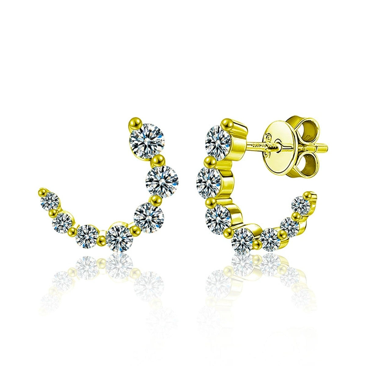 Crescent Moon Graduated Moissanite Stud Drop Earrings in Gold-Plated S925 sterling silver white background product photo showing the pair, stone shape, and stud earrings silhouette