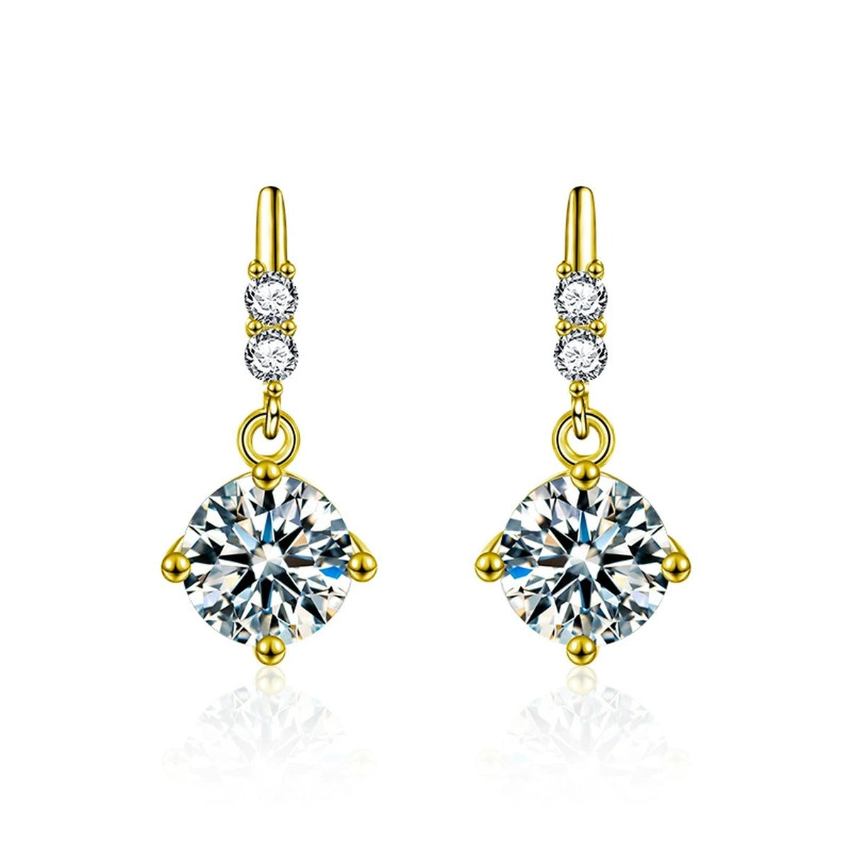 Four-Prong Round Moissanite Tassel Stud Dangle Earrings with CZ in Gold-Plated S925 sterling silver white background product photo showing the pair, stone shape, and stud dangle earrings silhouette