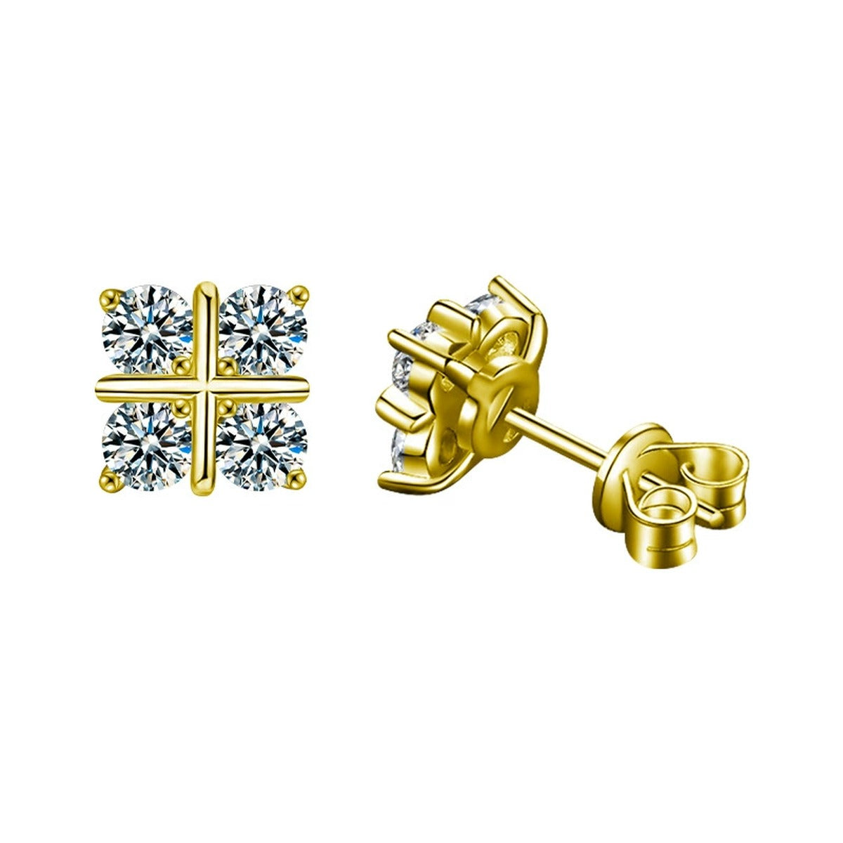 Four-Leaf Clover Round Moissanite Stud Earrings in Gold-Plated S925 sterling silver white background product photo showing the pair, stone shape, and stud earrings silhouette
