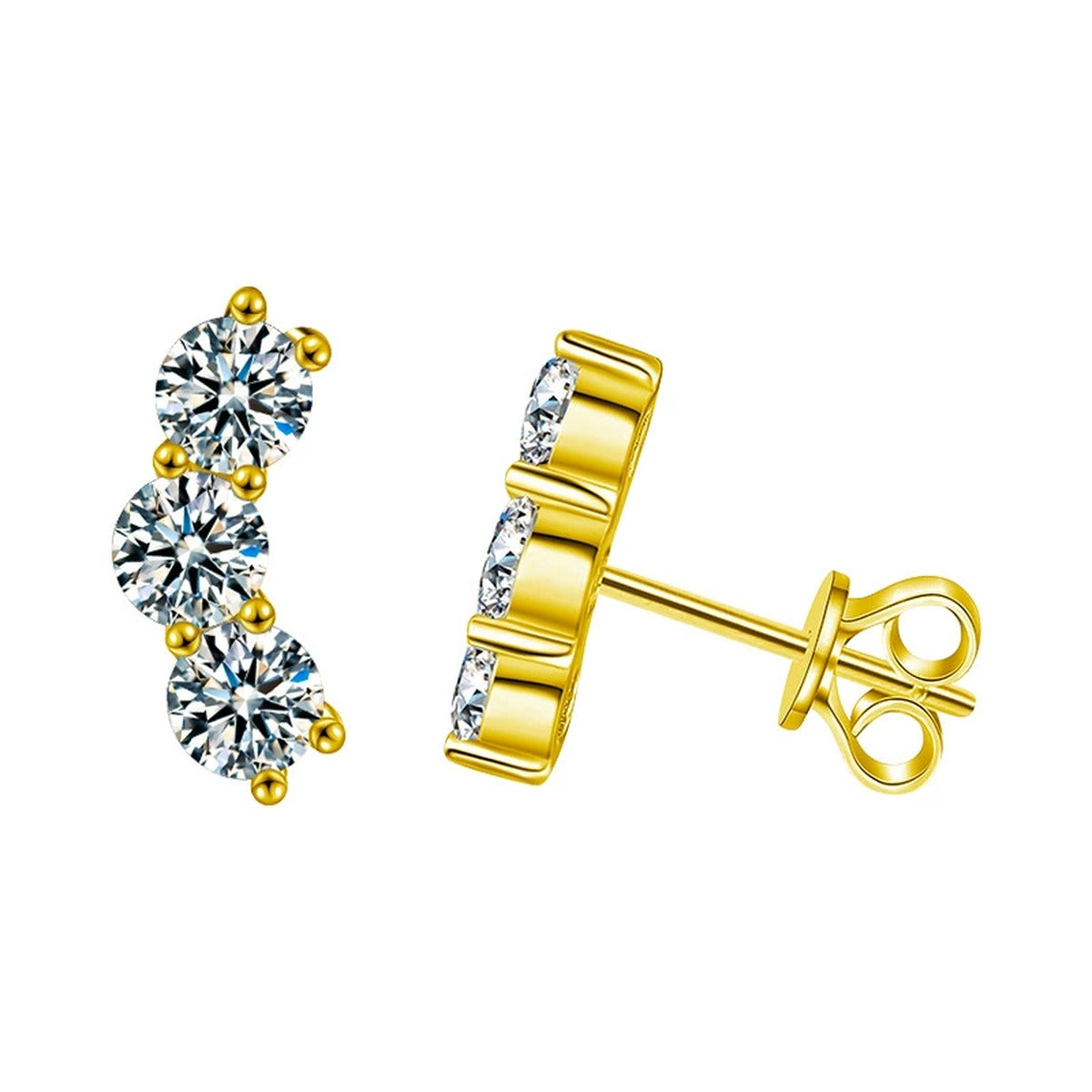 Smile Graduated Round Moissanite Ear Climber Stud Earrings in Gold-Plated S925 sterling silver white background product photo showing the pair, stone shape, and ear climber stud earrings silhouette