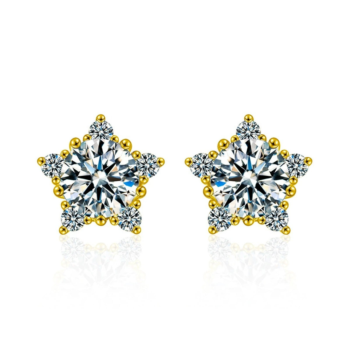 Five-Point Star Round Moissanite Stud Earrings with CZ in Gold-Plated S925 sterling silver white background product photo showing the pair, stone shape, and stud earrings silhouette