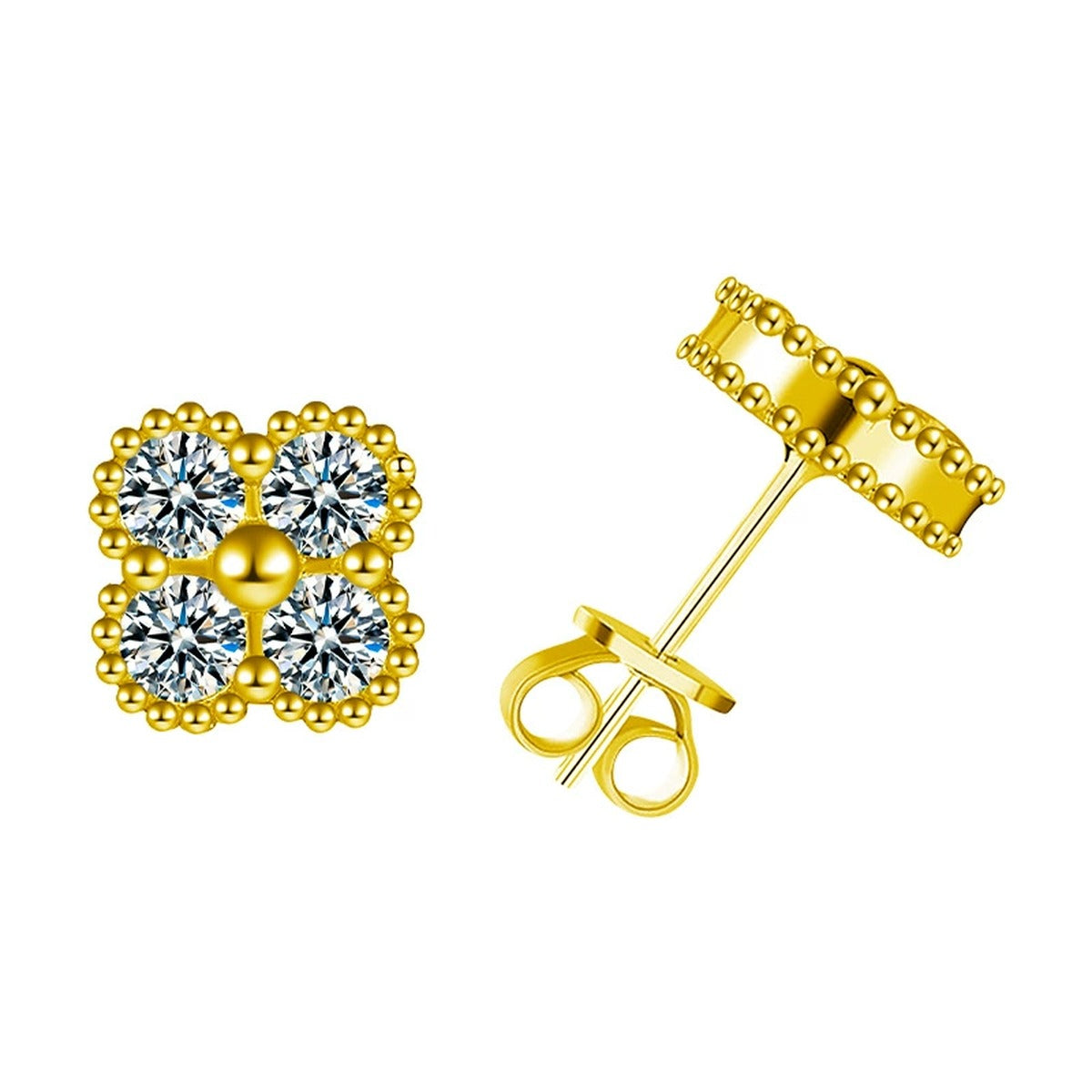 Four-Stone Clover Round Moissanite Stud Earrings in Gold-Plated S925 sterling silver white background product photo showing the pair, stone shape, and stud earrings silhouette