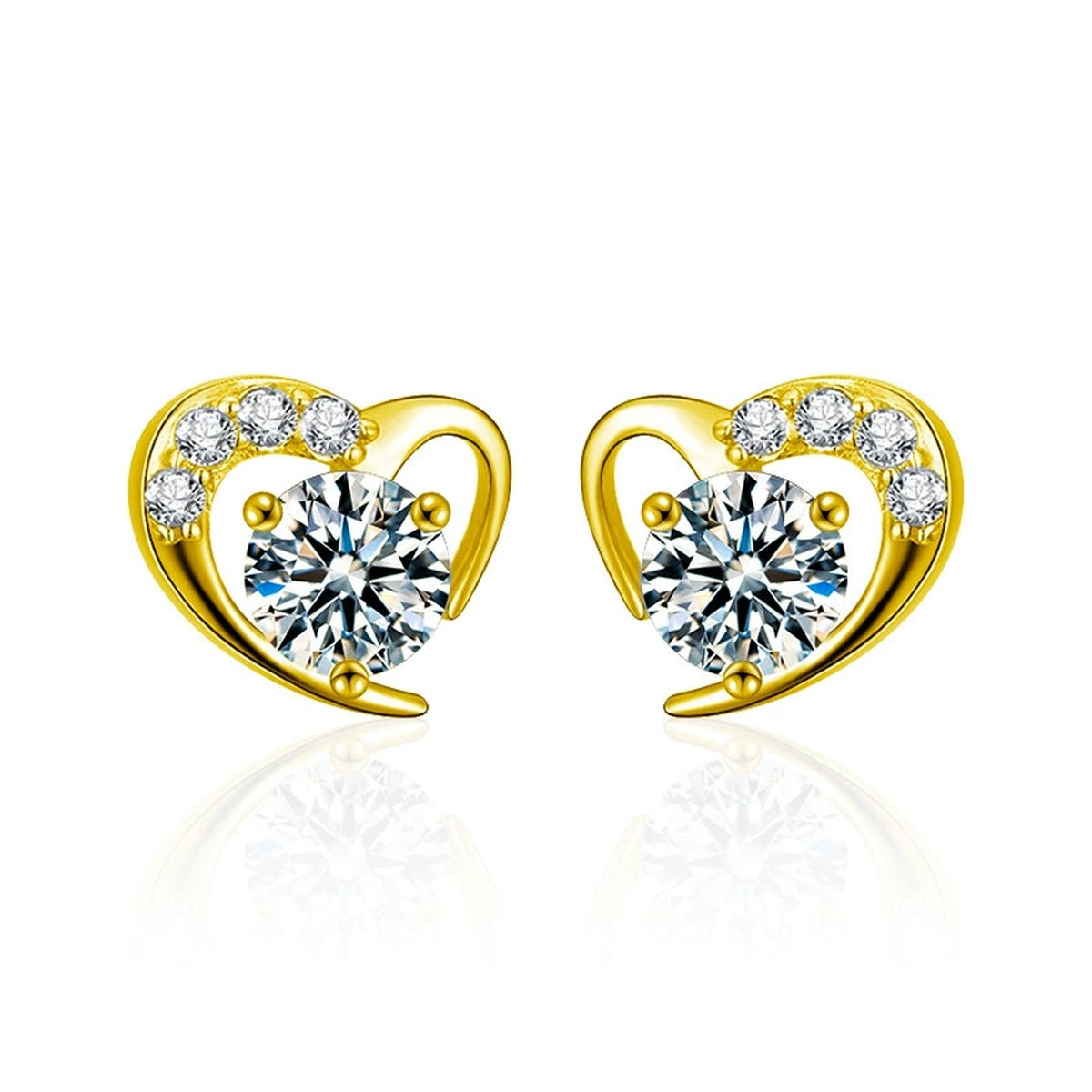 Heart Halo Round Moissanite Stud Earrings with CZ in Gold-Plated S925 sterling silver white background product photo showing the pair, stone shape, and stud earrings silhouette