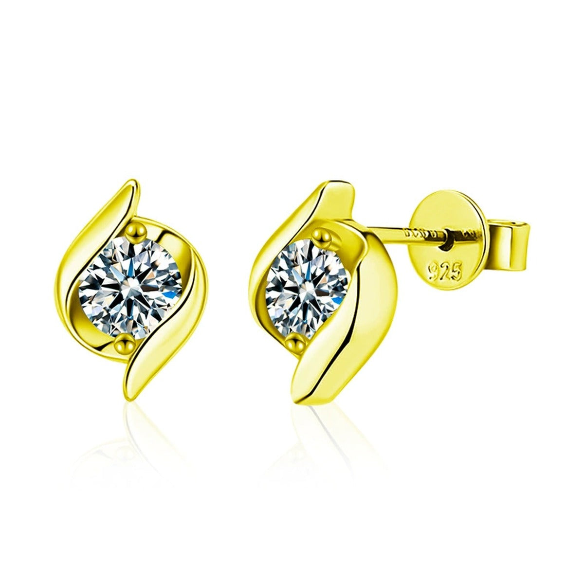 Pinwheel Round Moissanite Stud Earrings in Gold-Plated S925 sterling silver white background product photo showing the pair, stone shape, and stud earrings silhouette