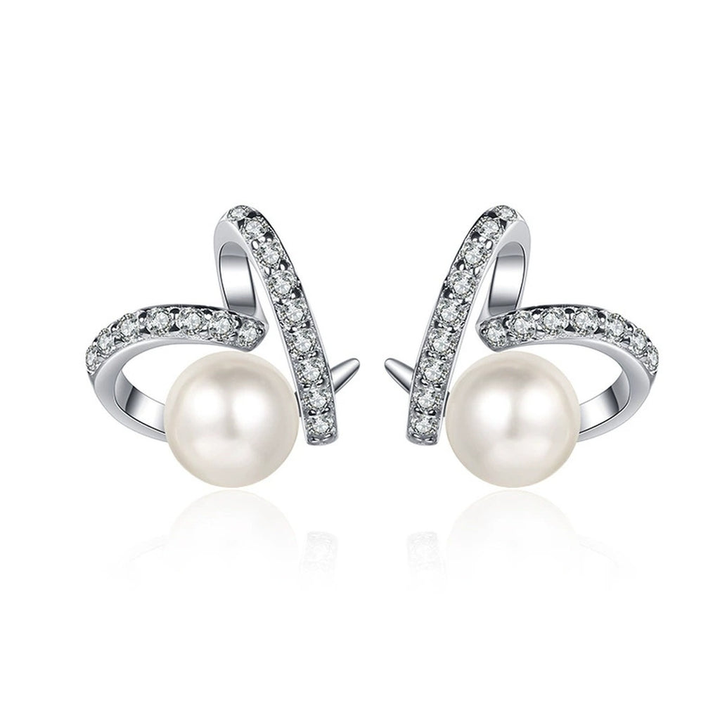 Heart Pearl Moissanite Stud Earrings in White Gold-Plated S925 sterling silver white background product photo showing the pair, stone shape, and stud earrings silhouette