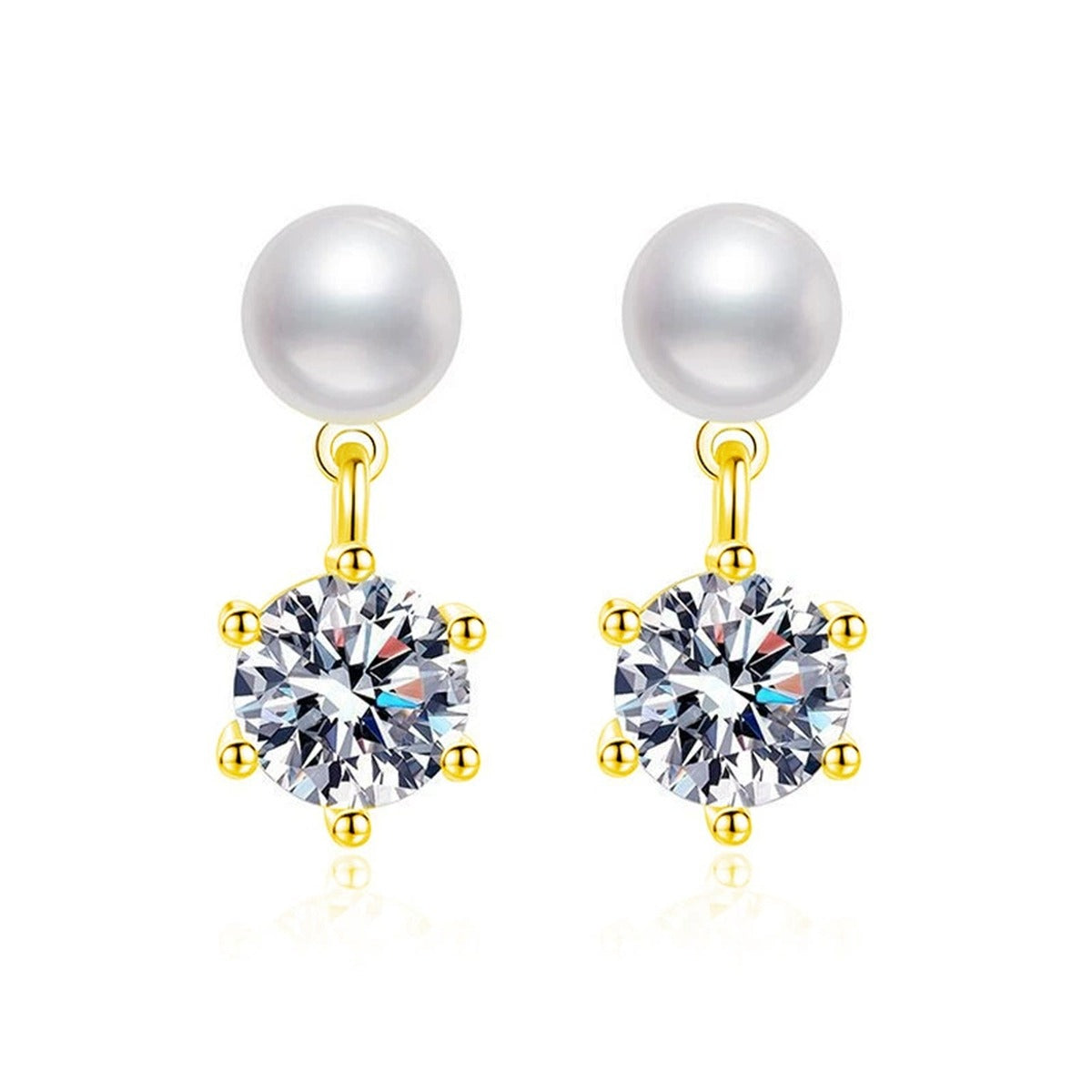 Pearl Round Moissanite Stud Dangle Earrings in Gold-Plated S925 sterling silver white background product photo showing the pair, stone shape, and stud dangle earrings silhouette