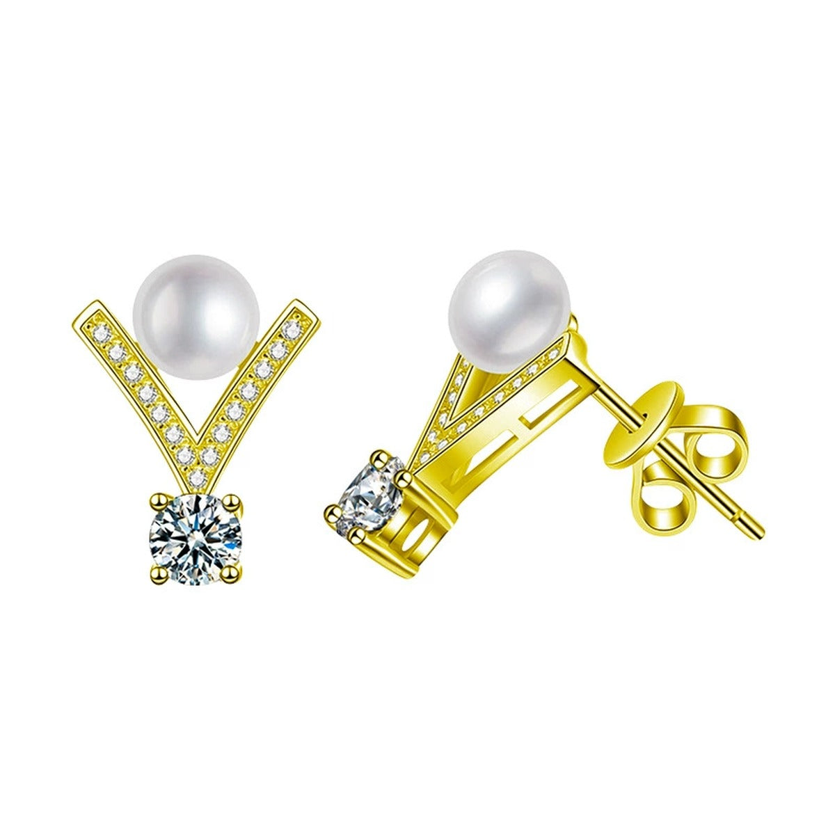 V-Frame Pearl Round Moissanite Stud Drop Earrings with CZ in Gold-Plated S925 sterling silver white background product photo showing the pair, stone shape, and stud drop earrings silhouette