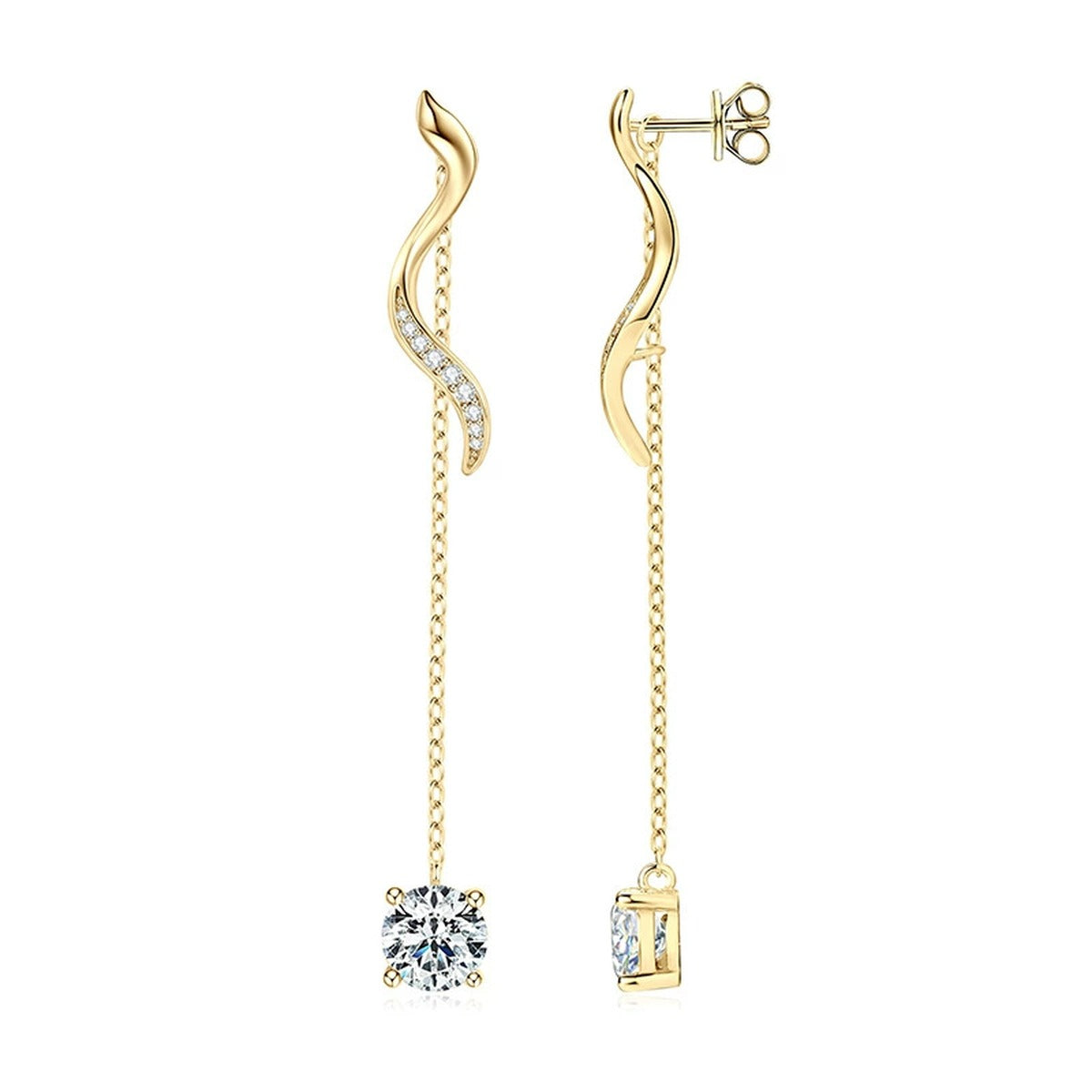 Wave Tassel Round Moissanite Stud Dangle Earrings with CZ in Gold-Plated S925 sterling silver white background product photo showing the pair, stone shape, and stud dangle earrings silhouette