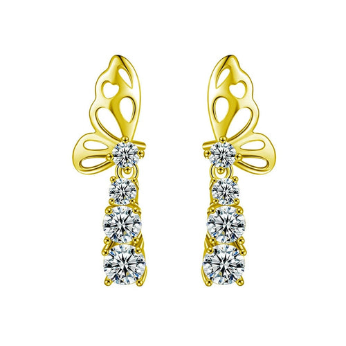 Butterfly Graduated Round Moissanite Stud Dangle Earrings in Gold-Plated S925 sterling silver white background product photo showing the pair, stone shape, and stud dangle earrings silhouette