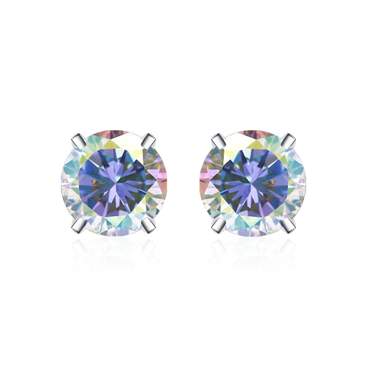 Four-Prong Round Moissanite and Mystic Stone Stud Earrings in S925 sterling silver product scene view showing side profile