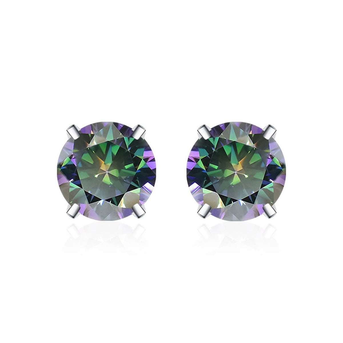 Four-Prong Round Moissanite and Mystic Stone Stud Earrings in S925 sterling silver product scene view showing pair comparison